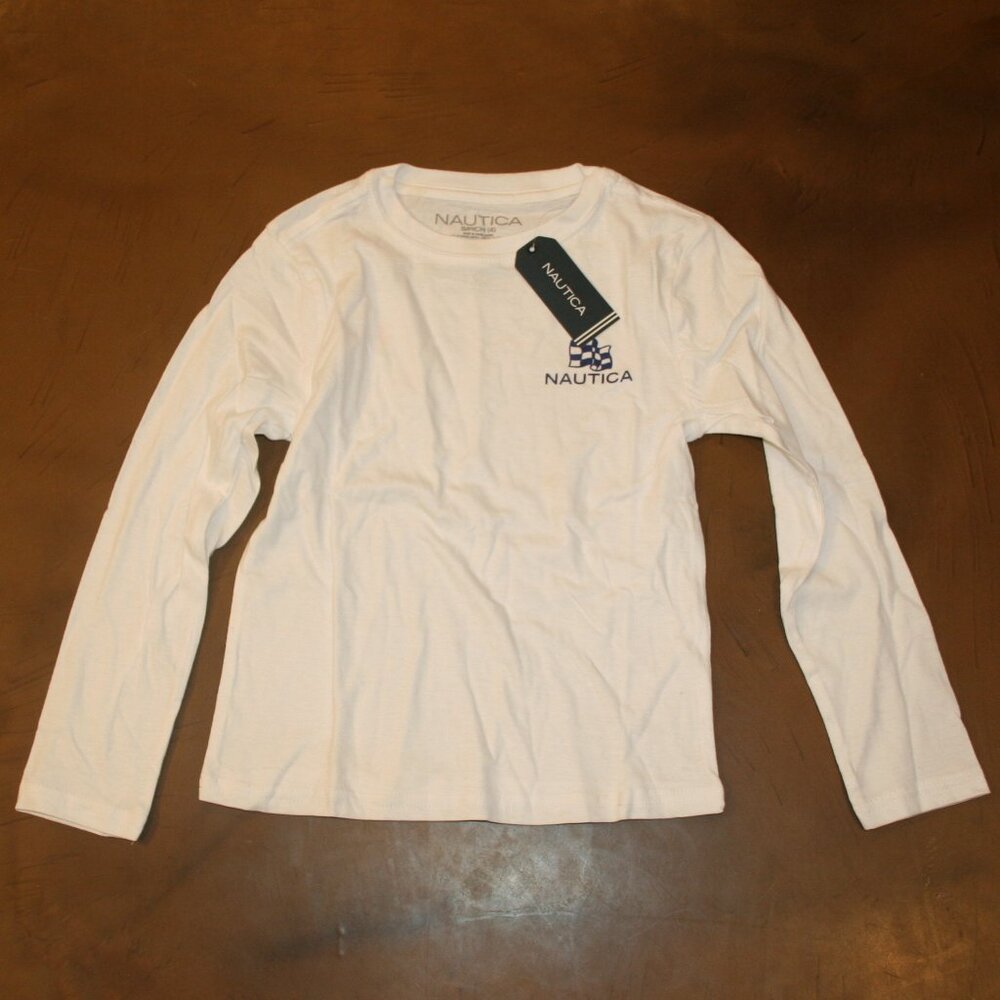 NWT Nautica Boys Small (4) White Long Sleeve Shirt MSRP $29.50 T-Shirt Tee Flags